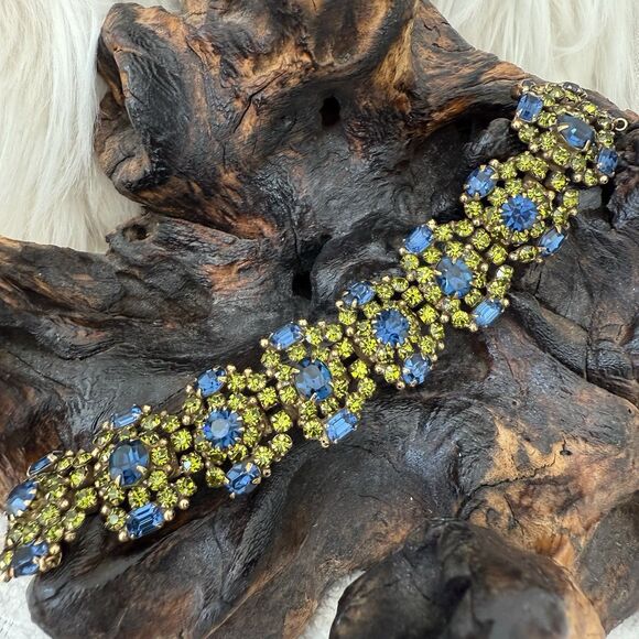Vintage Kramer of NY Wide Runway Bracelet Green Blue Rhinestone Cluster Gorgeous - Picture 3 of 13
